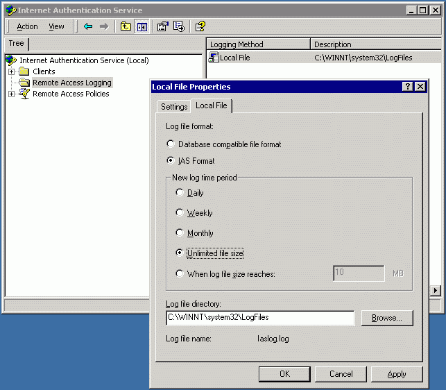 log file properties screenshot